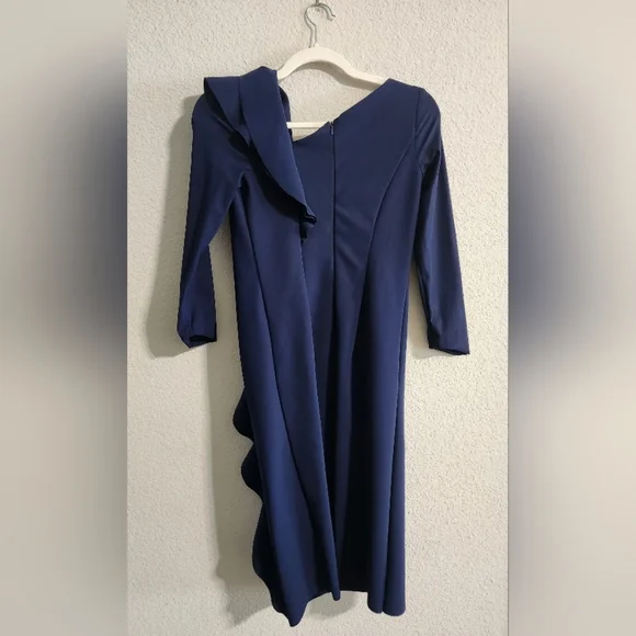 Rickie Freeman for Teri Jon Women’s Side Ruffle Asymmetric Navy Dress size 4